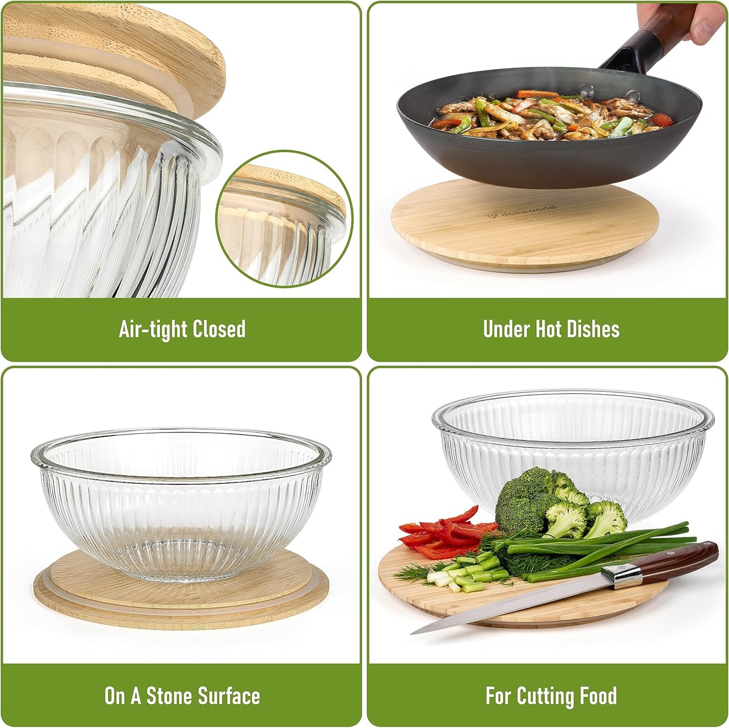 Set of 5 Nesting Glass Bowls with New Updated Acacia Lids for Foodprep, Storage, Mixing & Cooking - Microwave & Oven-ready BPA Free Durable Heat Resistant Inert Borosilicate Glass