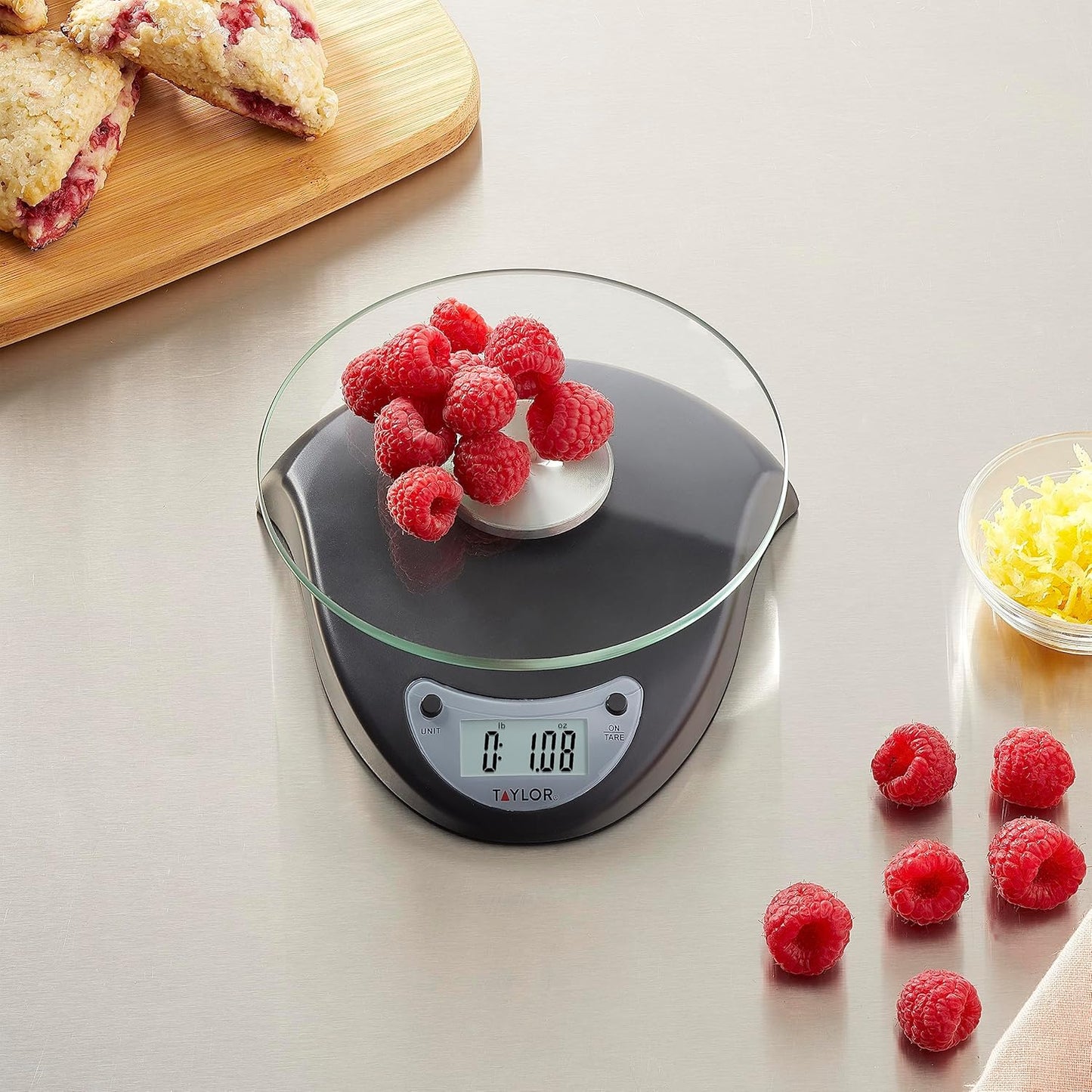Taylor Digital Kitchen Scale with Glass Platform, Tare Button, and Plastic Body Weighs up to 11 Pounds Capacity, White