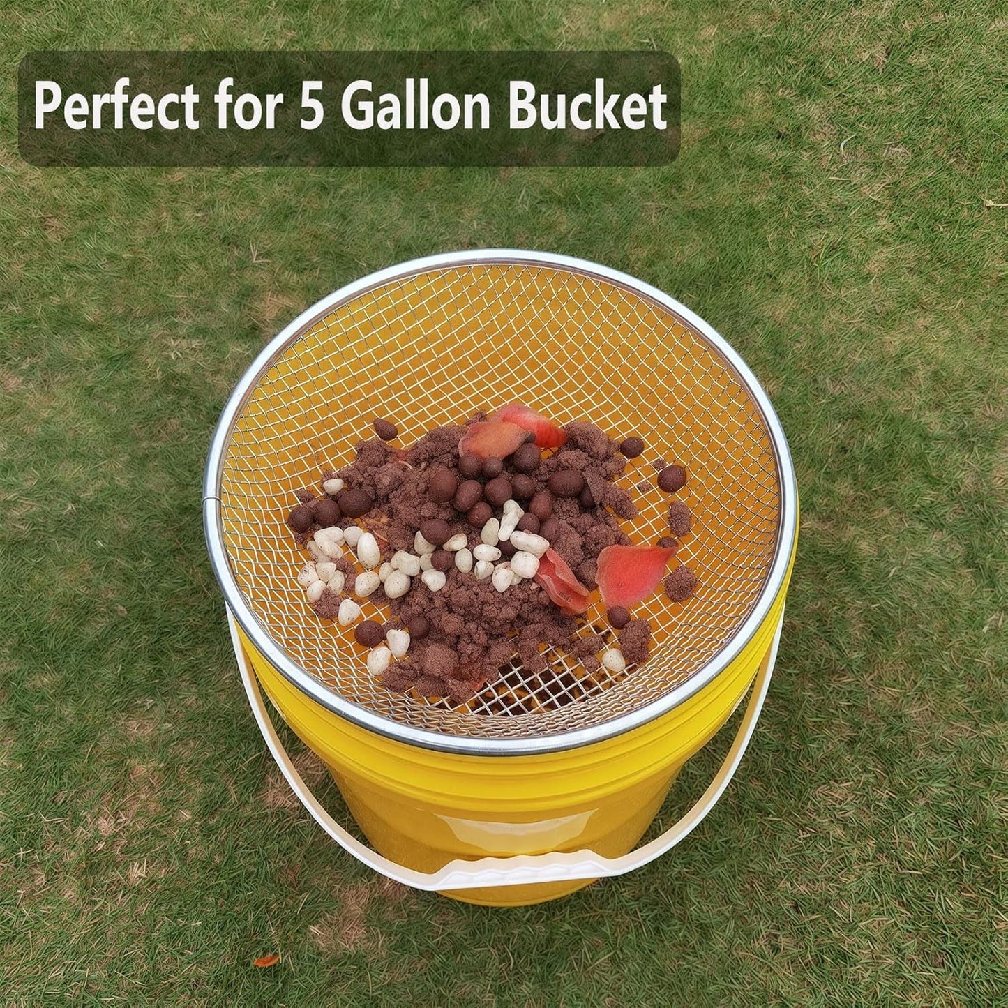 2PCS YUEBM Gardening Sand Soil Compost Sifter Perfect for 5 Gallon Bucket, 1/4 Inch Mesh, 1/8 Inch Mesh
