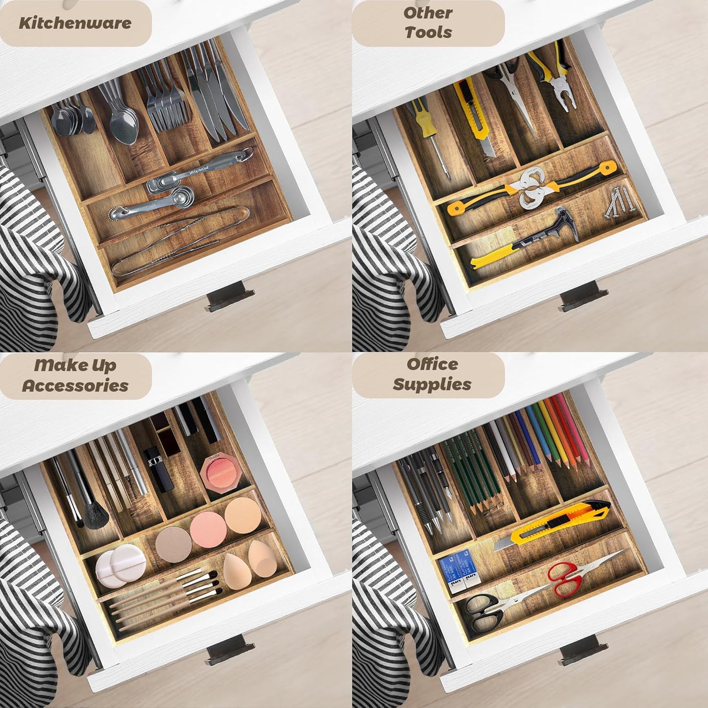 KITEISCAT Acacia Wood Expandable Silverware Organizer, Kitchen Utensil Drawer Organizer for Forks & Spoons, 8-Compartment Cutlery Tray, Flatware Holder