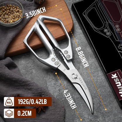 Huusk Seafood Scissors Silver - Stainless Steel Kitchen Shears Dishwasher Safe, Sharp Japanese-Style Kitchen Scissor for Crab, Shrimp, Lobster, Herbs and Food Prep, Christmas Gifts for Men Women