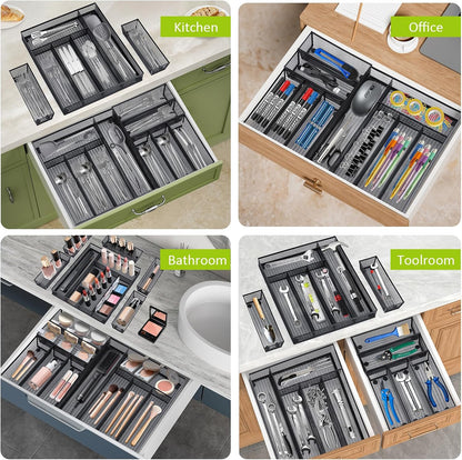 Neudeco Silverware Drawer Organizer - 5 Compartment Cutlery Tray with Non-Slip Feet, Mesh Wire Flatware Storage Divider for Kitchen, Bedroom, Living Room (Silver)