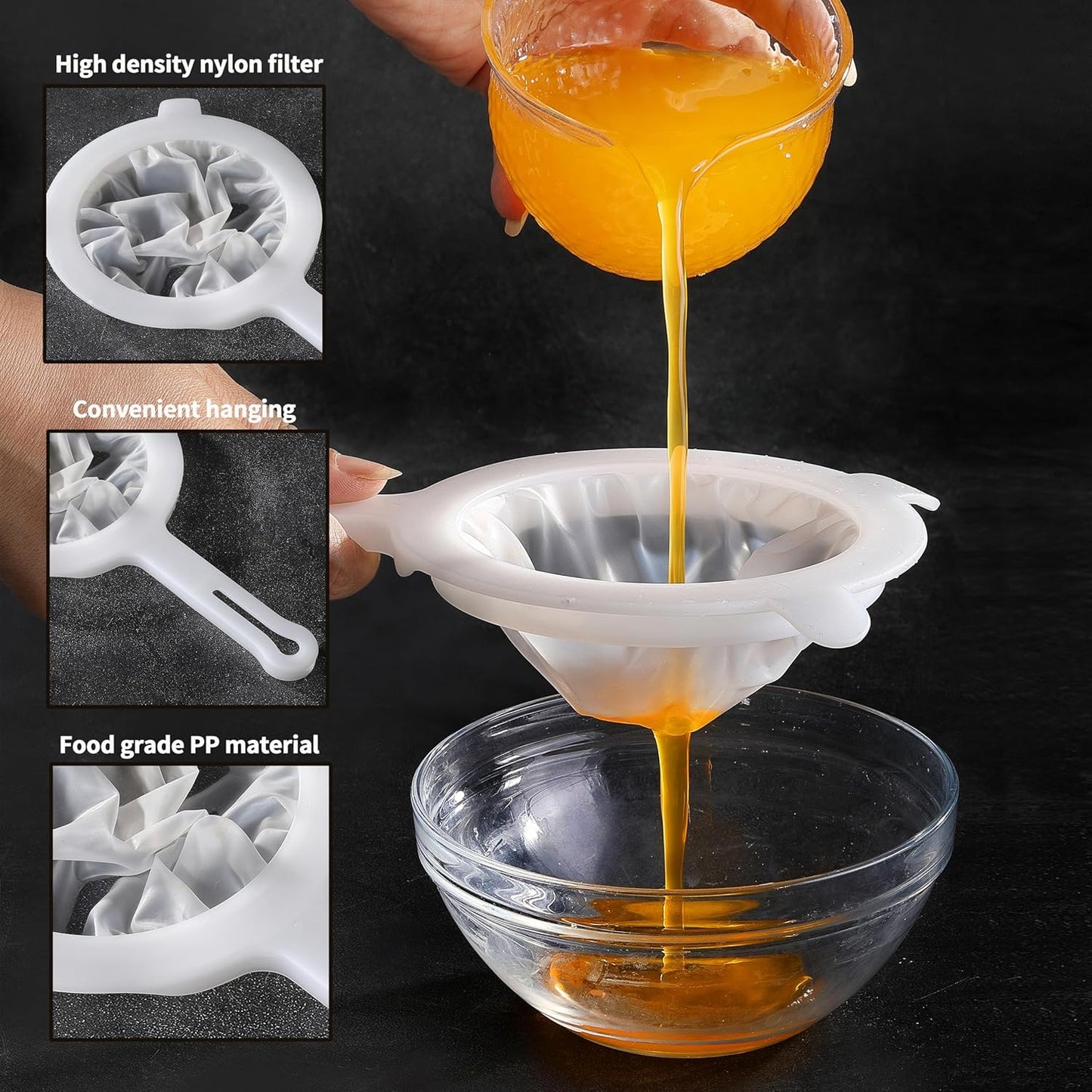 VRUIFA 2PCS Plastic Fine Mesh Strainer, Nylon Ultra Strainer for Juice,Yogurt, Coffee, Honey, Milk, Nut Milk with Handle (120+200Mesh)