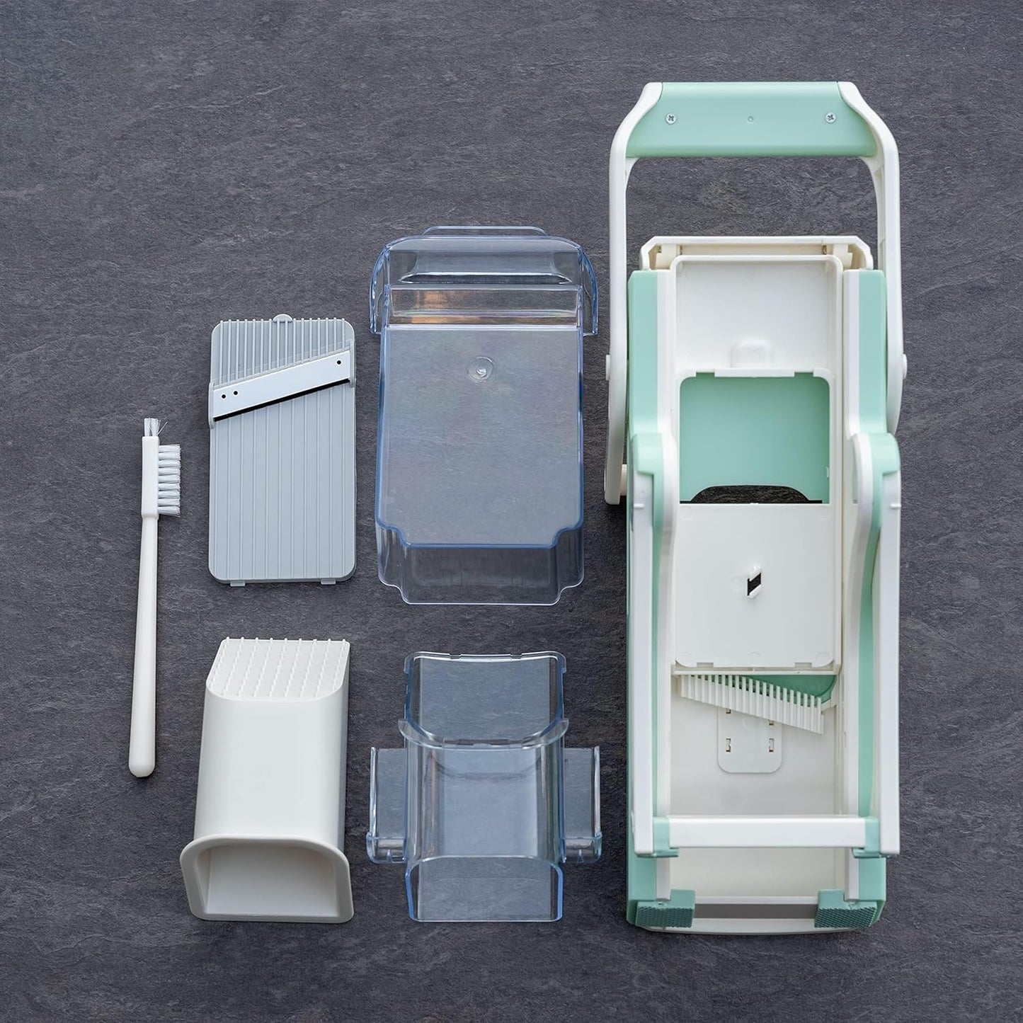 EDI Safe Mandoline Slicer - 5 Interchangeable Blades, Dishwasher Safe, Easy Set-Up - White & Mint Green