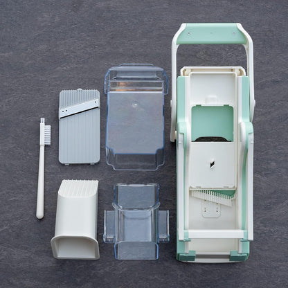 EDI Safe Mandoline Slicer - 5 Interchangeable Blades, Dishwasher Safe, Easy Set-Up - White & Mint Green