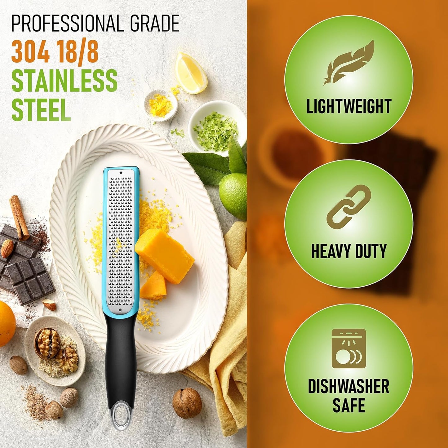 Spring Chef Premium Lemon Zester Grater with Handle - Fruits, Garlic, Chocolate, Nutmeg, Ginger Grater - Heavy Duty Kitchen Tool - Stainless Steel Citrus Zester with Blade Cover - Fine Shred, Black