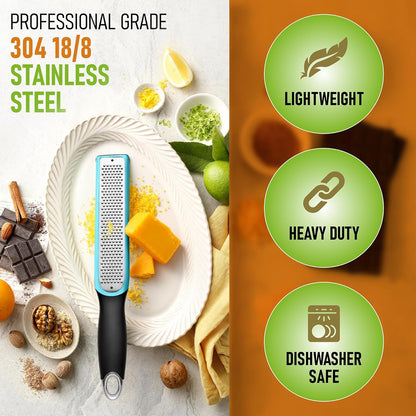 Spring Chef Premium Lemon Zester Grater with Handle - Fruits, Garlic, Chocolate, Nutmeg, Ginger Grater - Heavy Duty Kitchen Tool - Stainless Steel Citrus Zester with Blade Cover - Fine Shred, Black