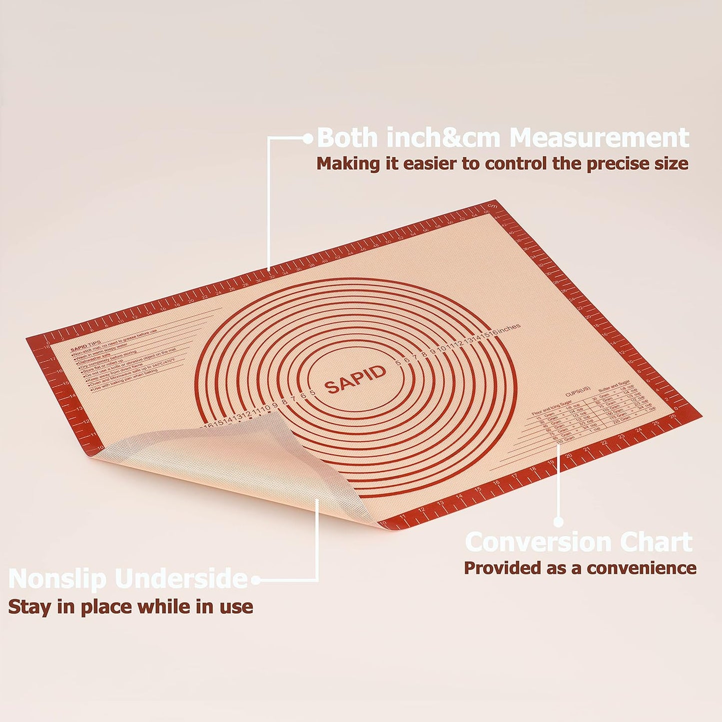 Sapid Extra Thick Silicone Pastry Mat Non-slip with Measurements for Non-stick Silicone Baking Mat Extra Large, Dough Rolling, Pie Crust, Kneading Mats, Countertop, Placement Mats (20" x 28",Gray)