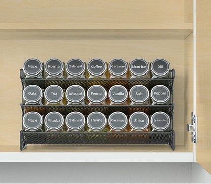 SpaceAid Spice Rack Organizer with 32 Spice Jars, 386 Spice Labels, Chalk Marker and Funnel Set for Cabinet, Countertop, Pantry, Cupboard or Door & Wall Mount - 32 Jars, 15.3" W × 10.8" H, Black