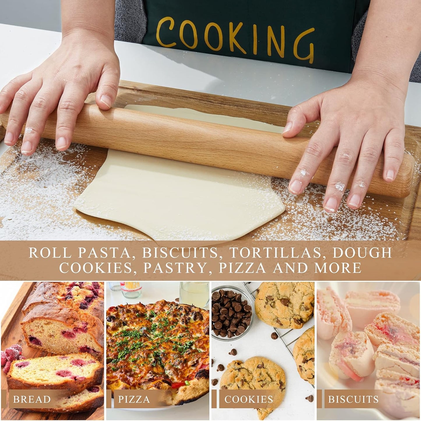 Bamber Wood Rolling Pin for Baking Wooden Rolling Dowel Stick Dough Roller for Cookie Dumpling Pastry Pizza Tortilla, 15'' by 1.5''