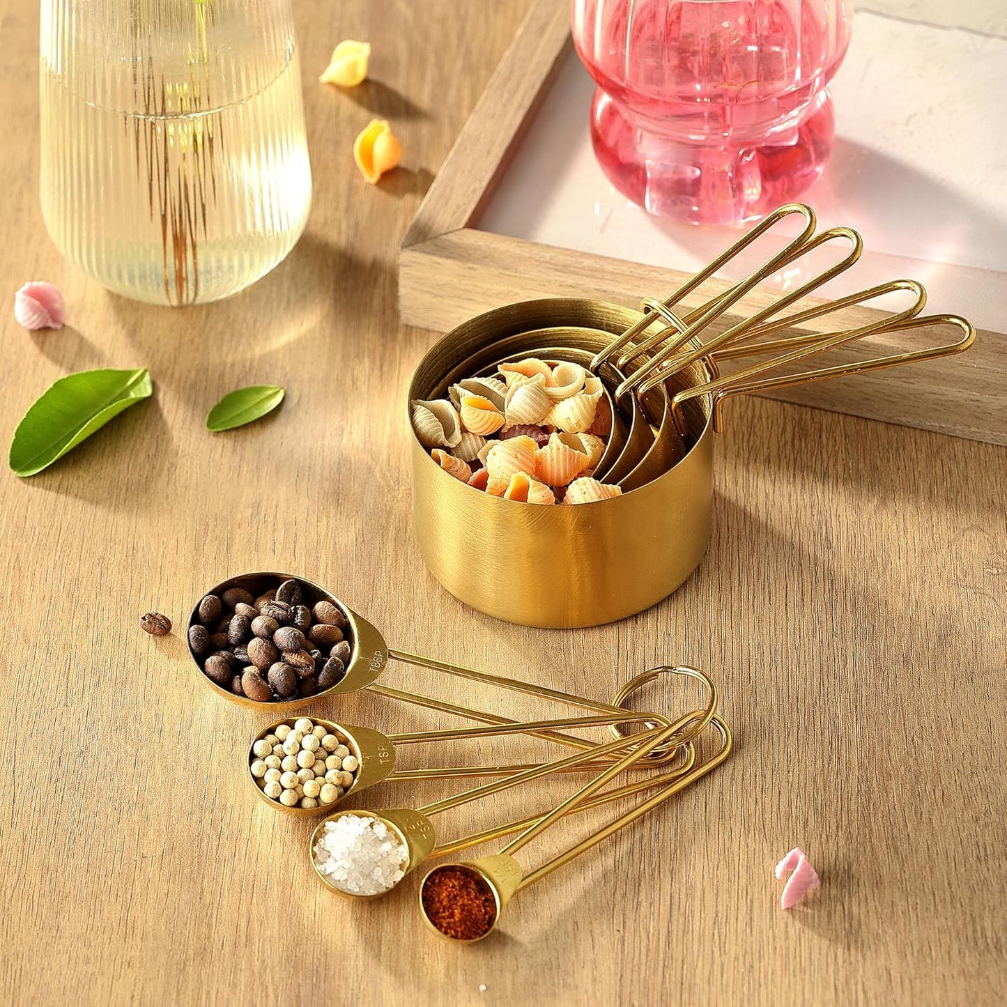 Measuring Cups and Spoons Set, Kaloo 8PCS Stainess Steel Metal Measuring Cups, Gold Finish, Ideal for Cooking and Baking