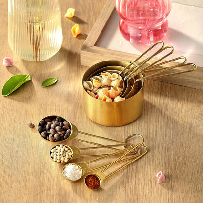 Measuring Cups and Spoons Set, Kaloo 8PCS Stainess Steel Metal Measuring Cups, Gold Finish, Ideal for Cooking and Baking