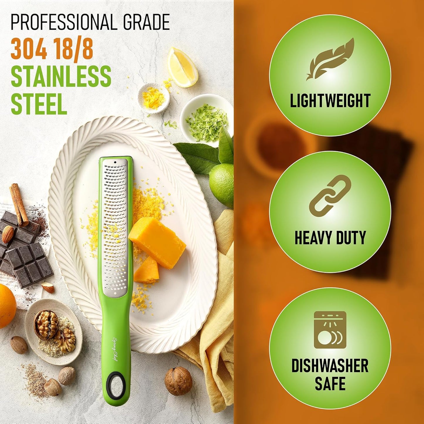 Spring Chef Premium Lemon Zester Grater with Handle - Fruits, Garlic, Chocolate, Nutmeg, Ginger Grater - Heavy Duty Kitchen Tool - Stainless Steel Citrus Zester with Blade Cover - Fine Shred, Black