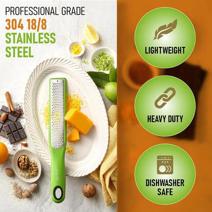 Spring Chef Premium Lemon Zester Grater with Handle - Fruits, Garlic, Chocolate, Nutmeg, Ginger Grater - Heavy Duty Kitchen Tool - Stainless Steel Citrus Zester with Blade Cover - Fine Shred, Black