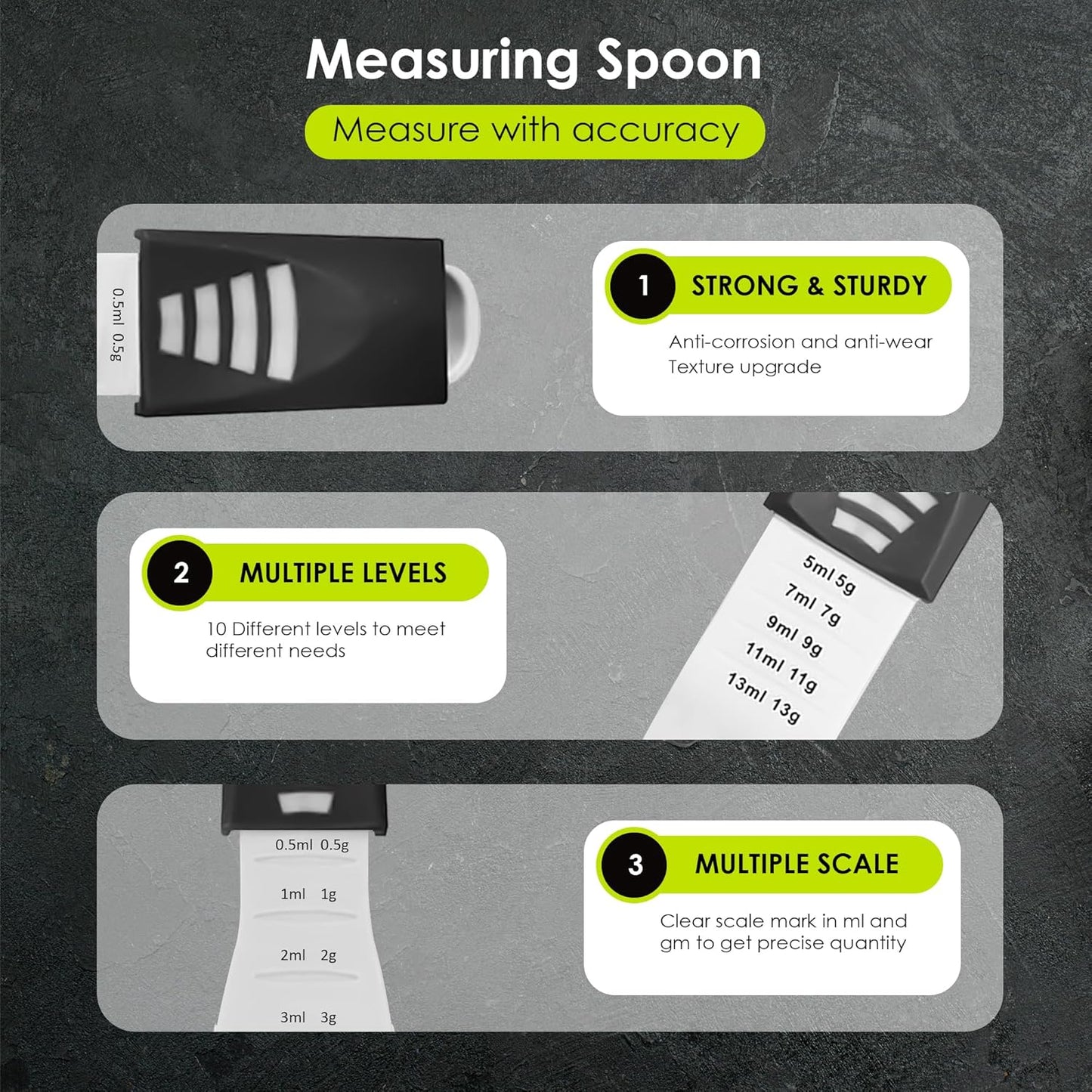 GOCHA Double-Ended Adjustable Measuring Spoon - 9-in-1 Kitchen Tool with Precision Scales (0.5-13ml/g) - Space-Saving Design for Dry & Liquid Ingredients (Black Green)