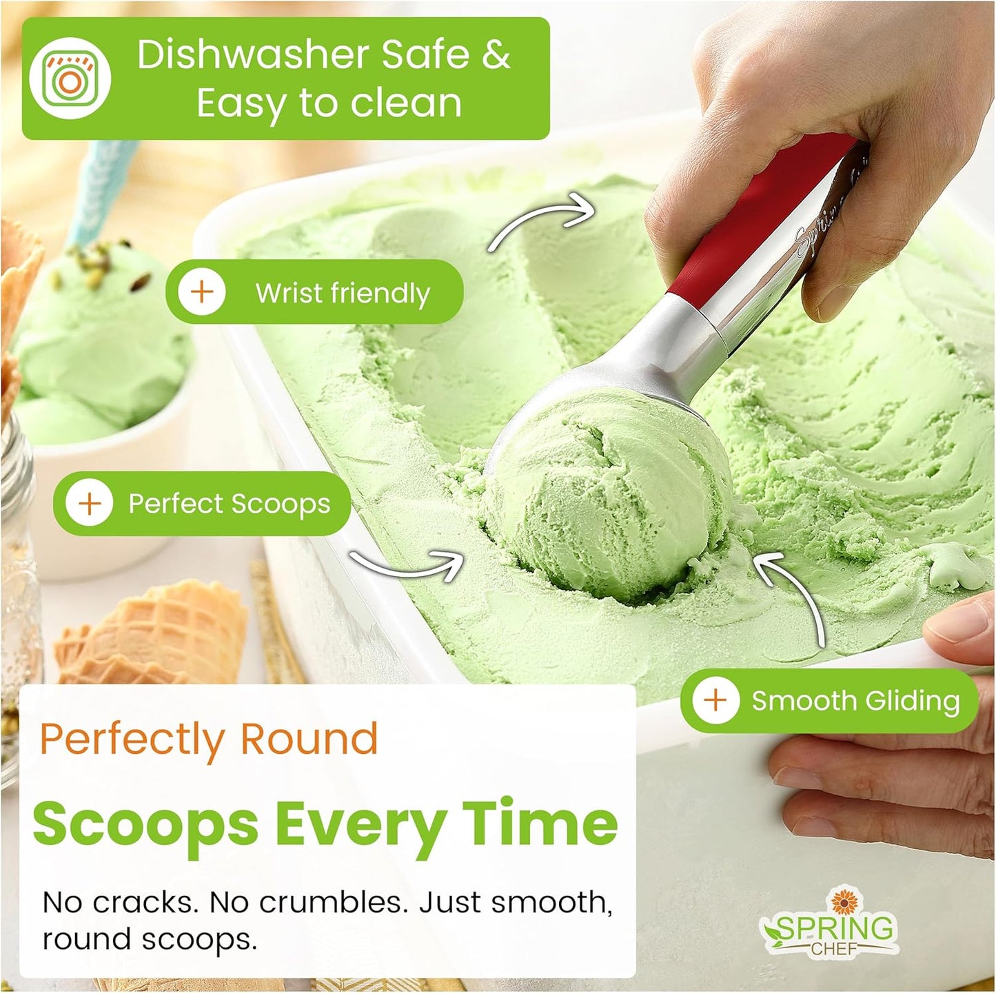 Spring Chef Heavy Duty Metal Ice Cream Scoop - Dishwasher Safe Ice Cream Scooper, Commercial Icecream Scoop Spade, Professional Kitchen Tool for Gelato, Melon, Sundae, Cookie Spoon - Black