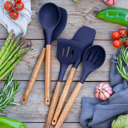 Kitchen Utensils Set, Silicone Cooking Utensils Set,Non-Stick Silicone Spatula Set with Natural Acacia Hard Wood Handle, 5 Piece, Upgraded Thickened Cookware