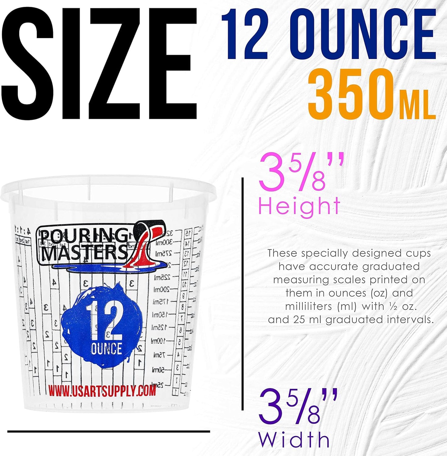 Pouring Masters 5 Oz (150 ml) Liquid Measuring Cups - Plastic Graduated Cup (50 Pack) with 25 Sticks - Reusable Mixing Cups for Paint, Craft, Kitchen, Lab, Medical Supplies, Epoxy Resin, Art
