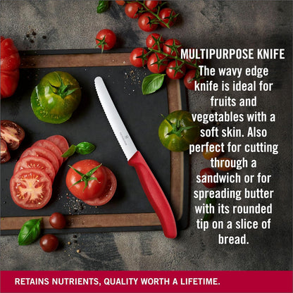Victorinox 6.7831 Swiss Classic Tomato and Table Knife Ideal for Cutting Fruits and Vegetables with Soft Skin Serrated Blade in Red, 4.3 inches