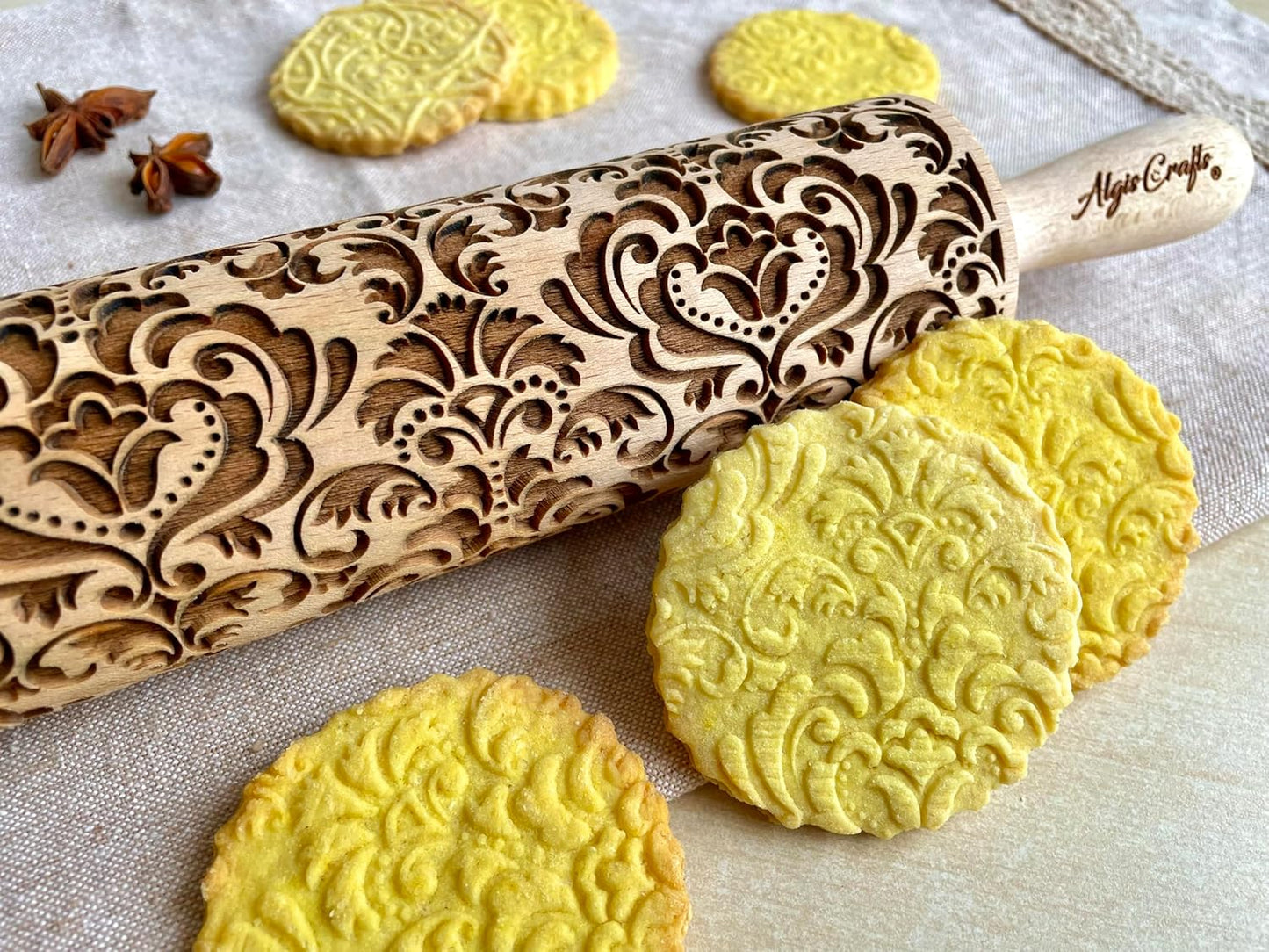 FLOWERING VINE Embossing Rolling Pin. Laser Engraved Dough Roller with Climbing Flowers Pattern for Embossed Cookies or Pottery by Algis Crafts
