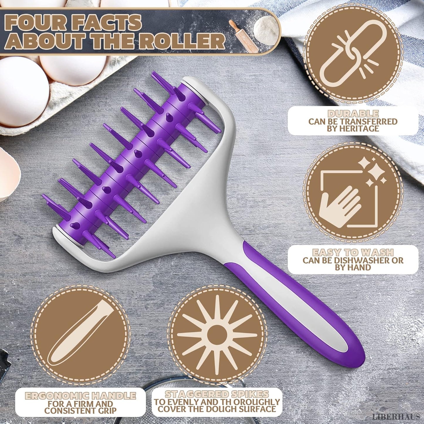 Pizza Docker Roller - 7.7" X 4.8" Plastic Pizza Dough Roller for Even Crust Prep, Non-Slip Grip Handle & Staggered Spikes Prevent Air Pockets, Lightweight Tool for Flatbreads & Pies