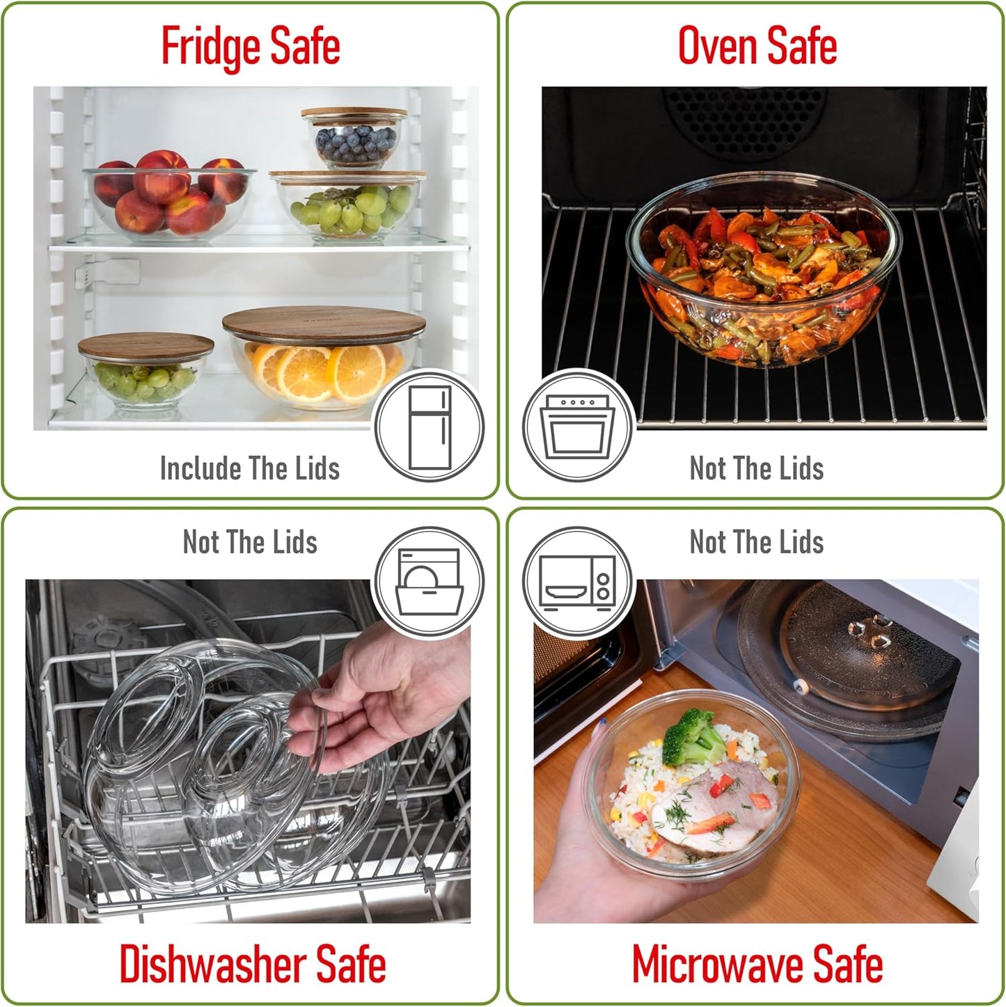 Set of 5 Nesting Glass Bowls with New Updated Acacia Lids for Foodprep, Storage, Mixing & Cooking - Microwave & Oven-ready BPA Free Durable Heat Resistant Inert Borosilicate Glass