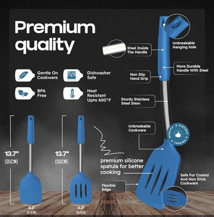 BakeRoyal Silicone Spatula Set - Turner Spatulas Silicone Heat Resistant 600°F - Slotted & Solid Spatula for Cooking Fish, Eggs, Pancakes Flipper – Spatulas for kitchen use – Royal Blue