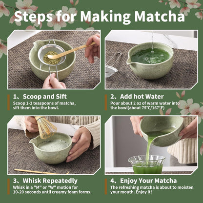 Matcha Whisk Set, 5 Pcs Ceramic Matcha Set, Matcha Kit Set Includes Matcha Bowl, Matcha Whisk and Holder, Bamboo Scoop and Sifter, Matcha Tea Set, Ideal Gift for Family/Friend (Pink)