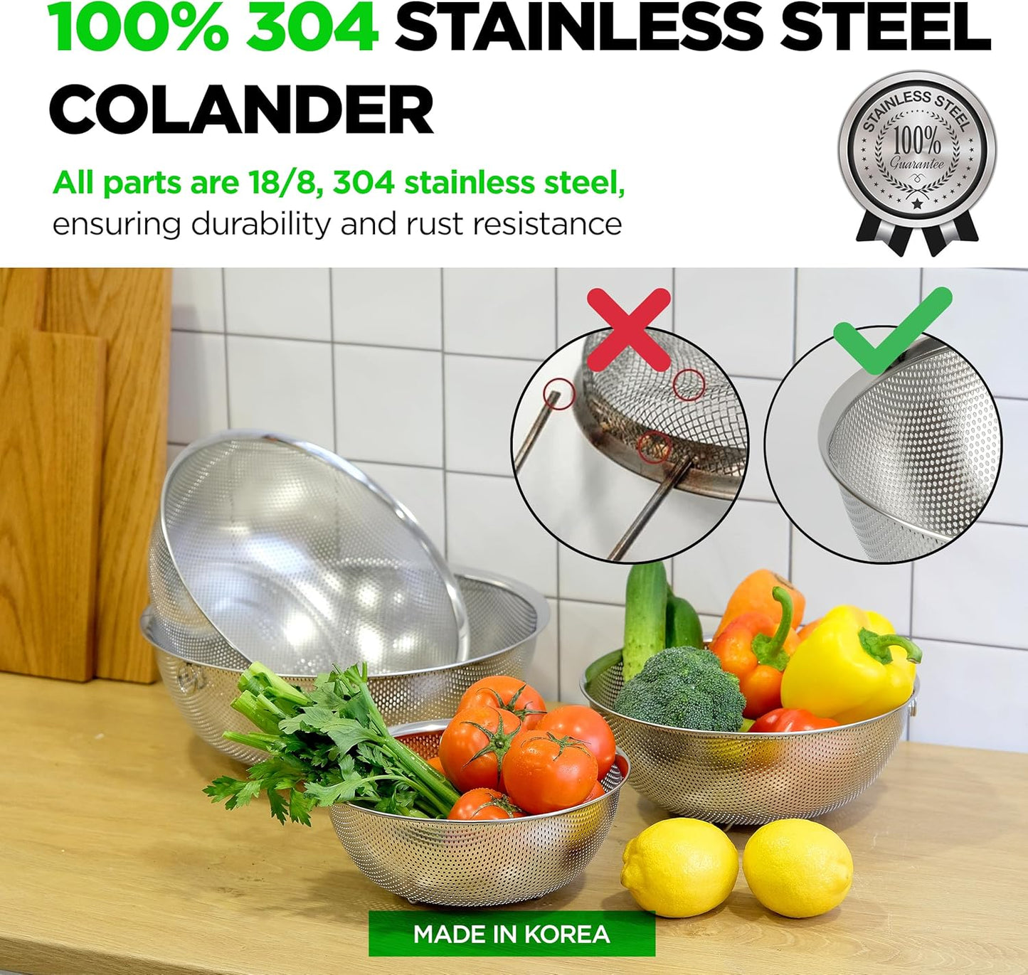 Shallow Stainless Steel Colander Set of 3 – Micro-Perforated Tray Strainers for Berries Vegetables Fruit, 18/8 304 Low Profile (2, 3, 4 Qt) Self-Draining Base, Dishwasher Safe, Made in Korea