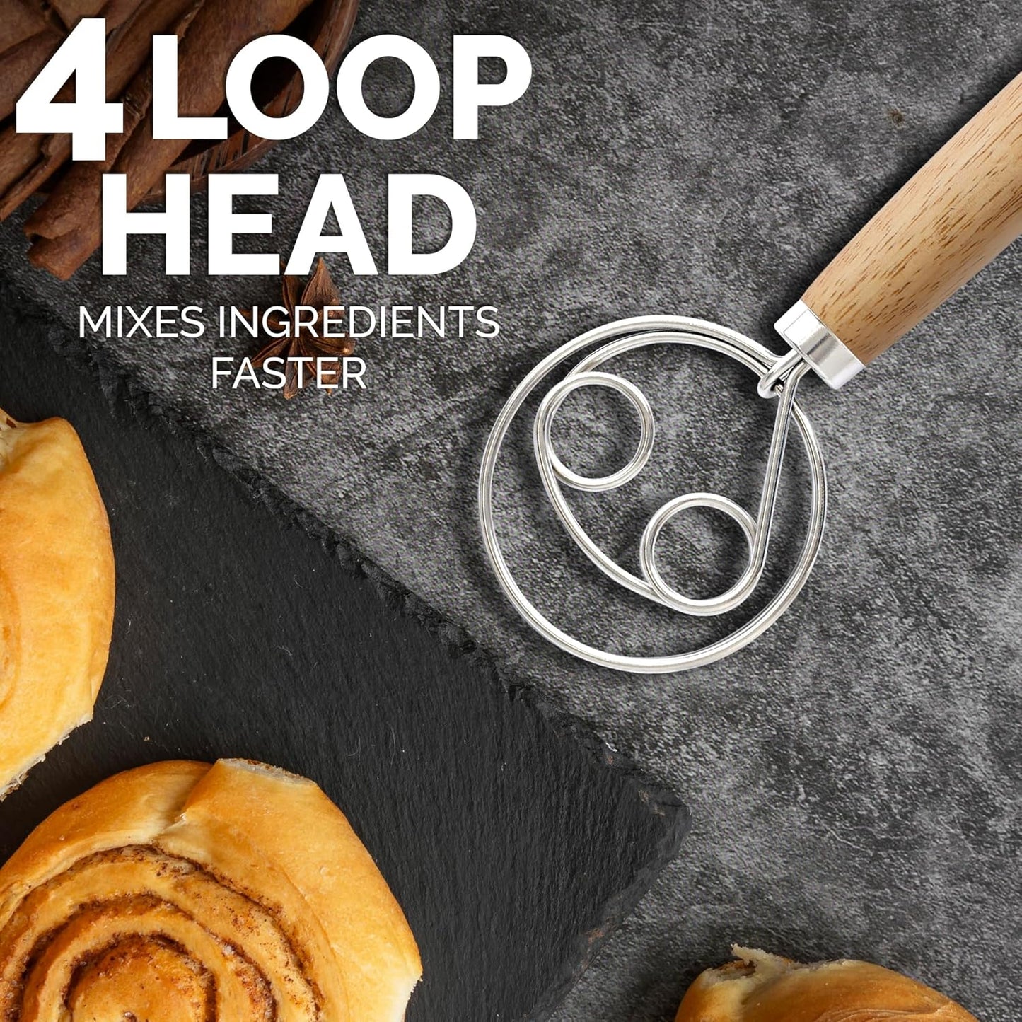 Zulay Kitchen 13-Inch Danish Dough Whisk - Stainless Steel Wooden Whisk with Dough Hook - Sourdough Whisk for Bread, Pizza, Pastry, Cake Batter & More - Wood