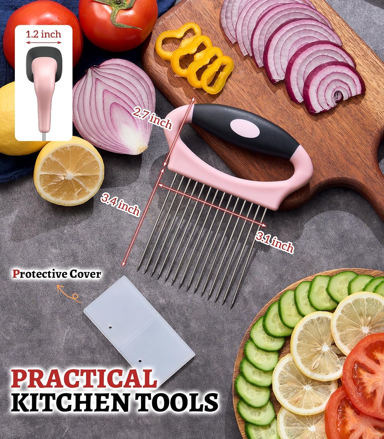 Large Onion Slicer Holder, Stainless Steel Onion Holder for Slicing, Onion Cutter Vegetable Chopper with 14 Sharp Needles for Slicing of Tomato Avocados & Meat Tenderizer, Kitchen Gadgets for Cooking