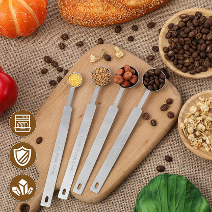 Oruola 4pcs Teaspoons Measuring Spoon,7In Long Handle Measuring Spoons, Stainless Steel Long Measuring Spoons Includes 1/4 tsp, 1/2 tsp, 1 tsp for Accurate Measure Liquid Dry Ingredients Ground Coffee
