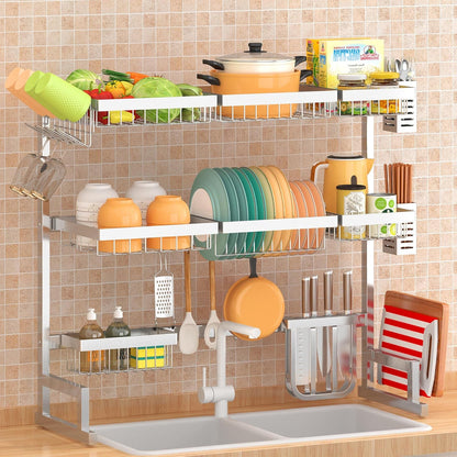 PUSDON Over the Sink Dish Drying Rack, 2 Tier Adjustable Large Capacity Stainless Steel Dish Rack for Kitchen Counter, Heavy Duty Space Saver Organizer with Utensil Holder, Black