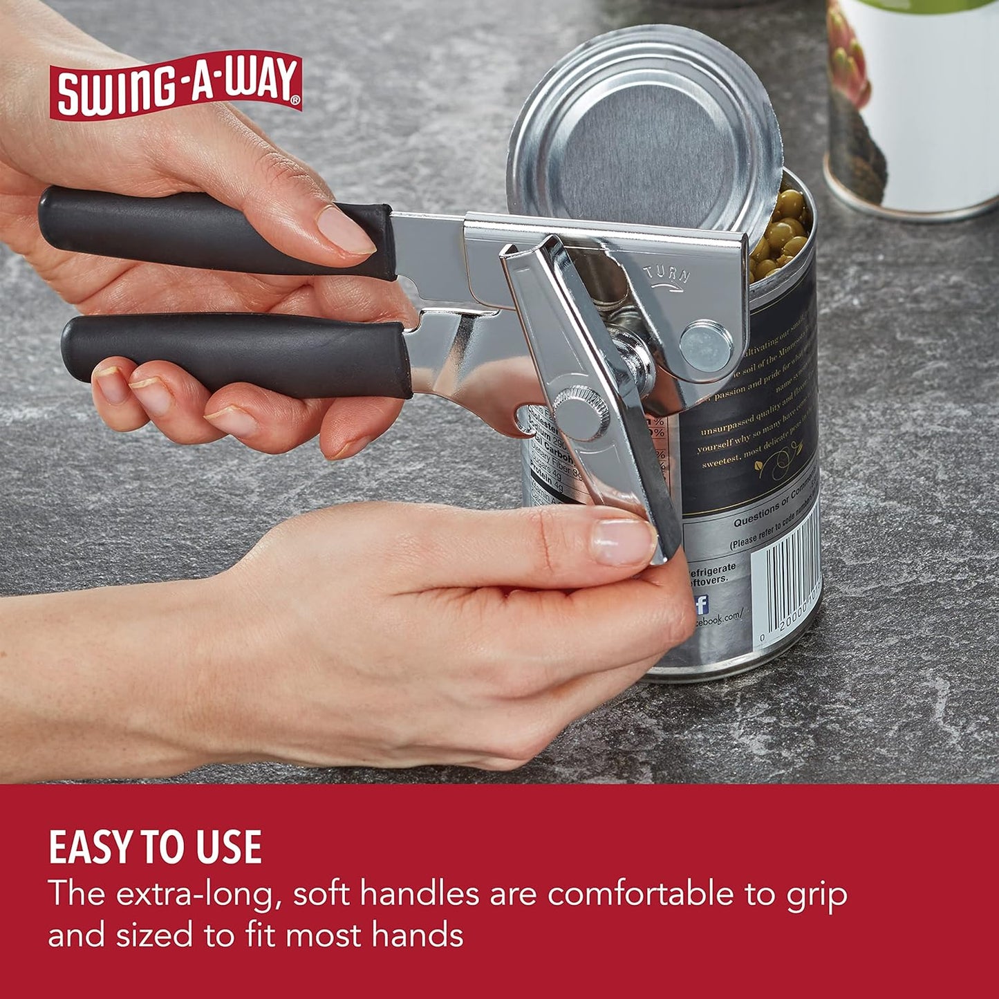 Swing-A-Way Portable Can Opener with Sharp Blade, Manual Hand Held, 2-in-1 Can and Bottle Opener, Made of Steel, Easy Turn Knob, Basic Kitchen Essentials (Red)
