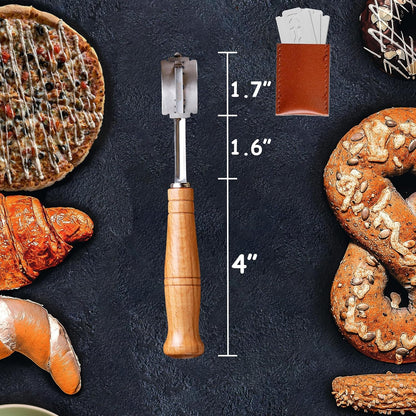 EROIR 13" Danish Dough Whisk Bread Lame Bowl Scraper Set - Dutch Sourdough Whisk Double Eye, Dough Scraper, Bread Scorer with 10 Blades and Leather Cover
