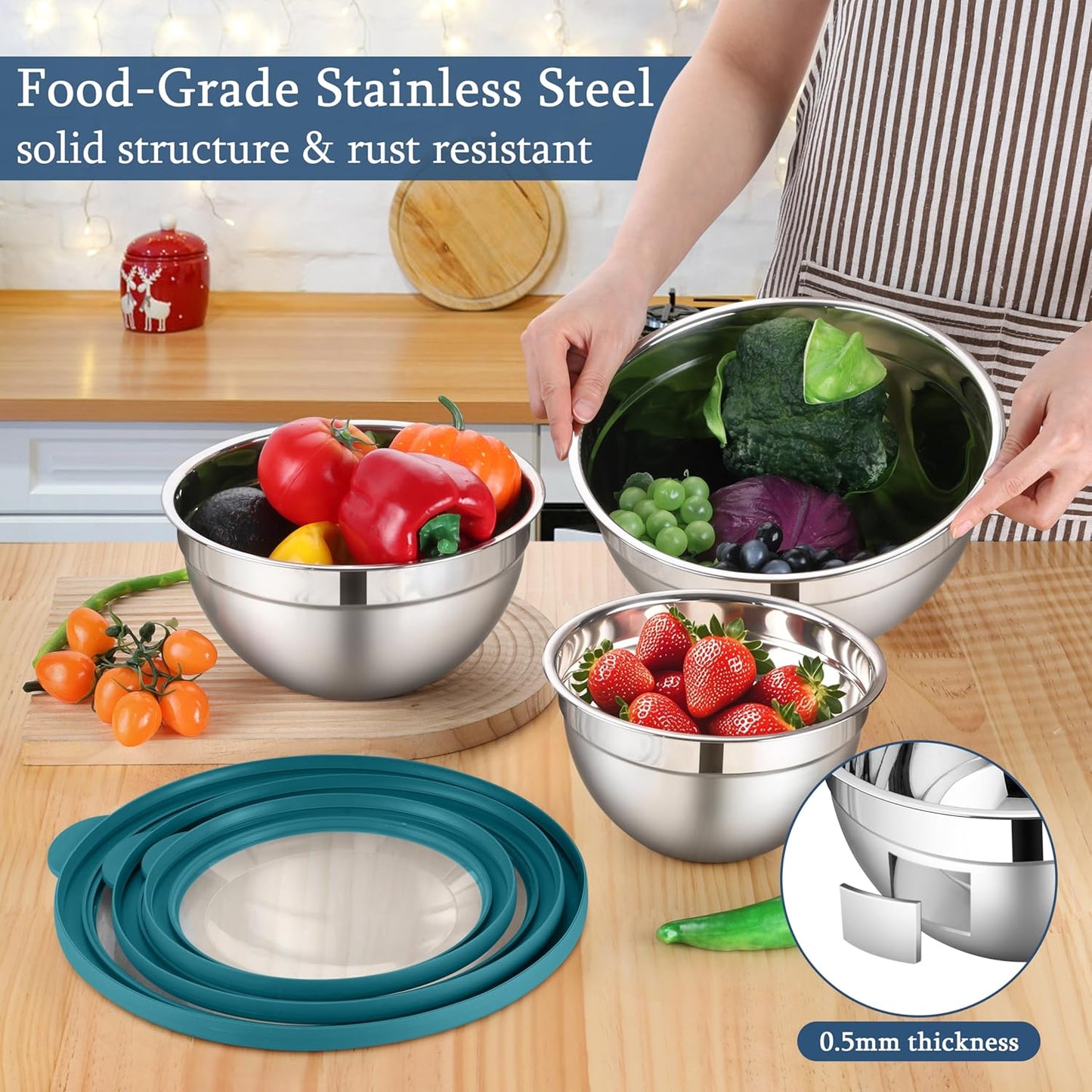 LIANYU Mixing Bowls with Lids Set of 3, Large & Small Stainless Steel Nesting Metal Bowls for Kitchen Storage, Dishwasher Safe, Size 1.5QT & 3QT & 4.6QT, Black