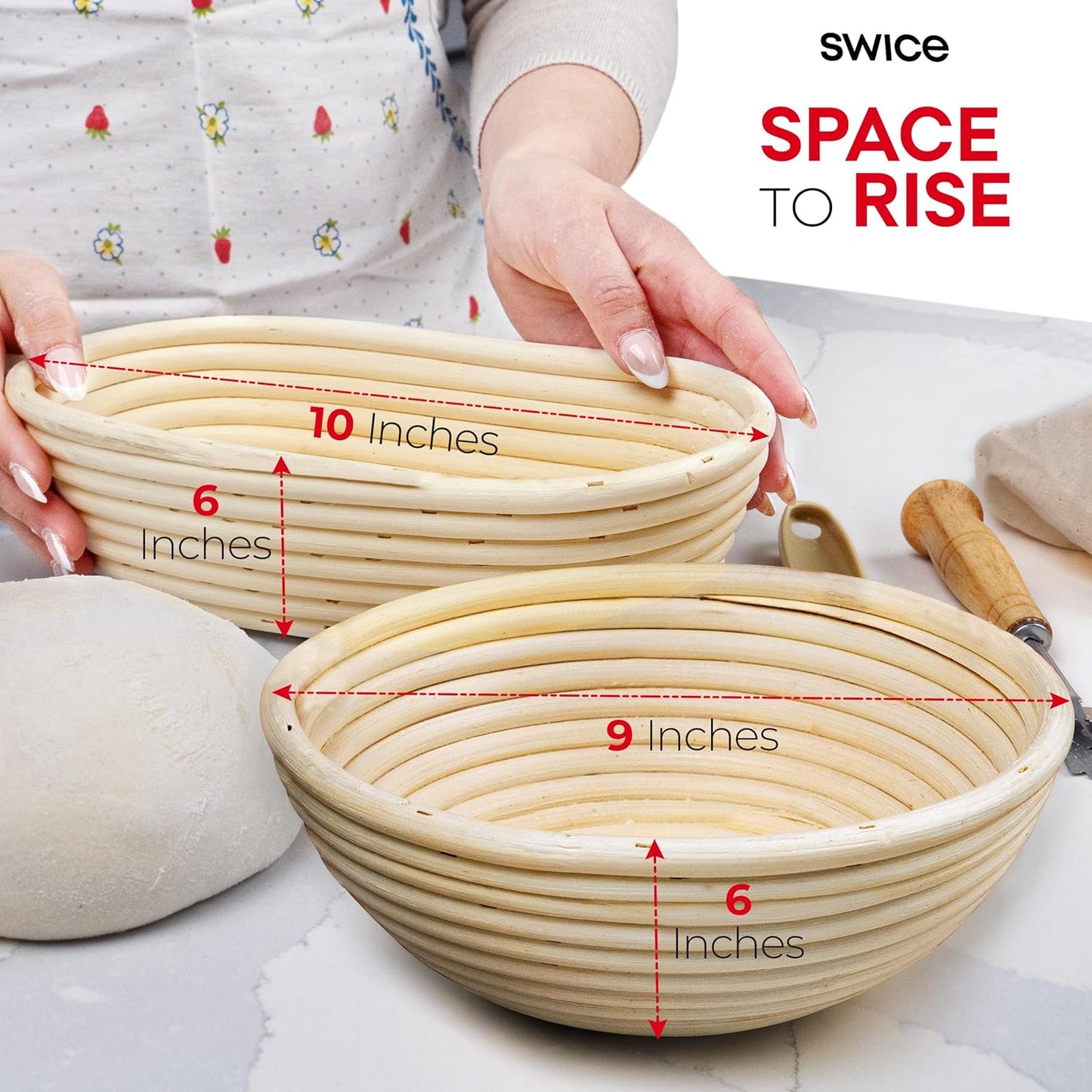 Swice Bread Proofing Basket, Round 9-Inch Banneton Sourdough Starter Kit with Lame, Dough Scraper, Linen Liner, and Basting Brush, Complete Bread Making Supplies and Tools