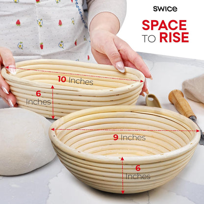 Swice Bread Proofing Basket, Round 9-Inch Banneton Sourdough Starter Kit with Lame, Dough Scraper, Linen Liner, and Basting Brush, Complete Bread Making Supplies and Tools
