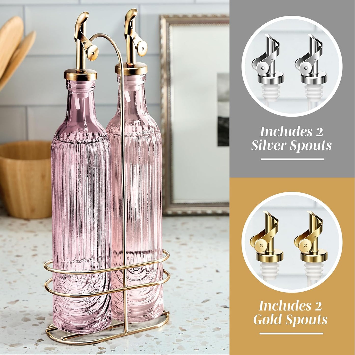 COOK WITH COLOR Glass Olive Oil Bottle Dispenser - 2 Pack- 17oz Oil and Vinegar Cruet - Olive Oil Carafe Decanter for Kitchen, Elegant Waves, Clear