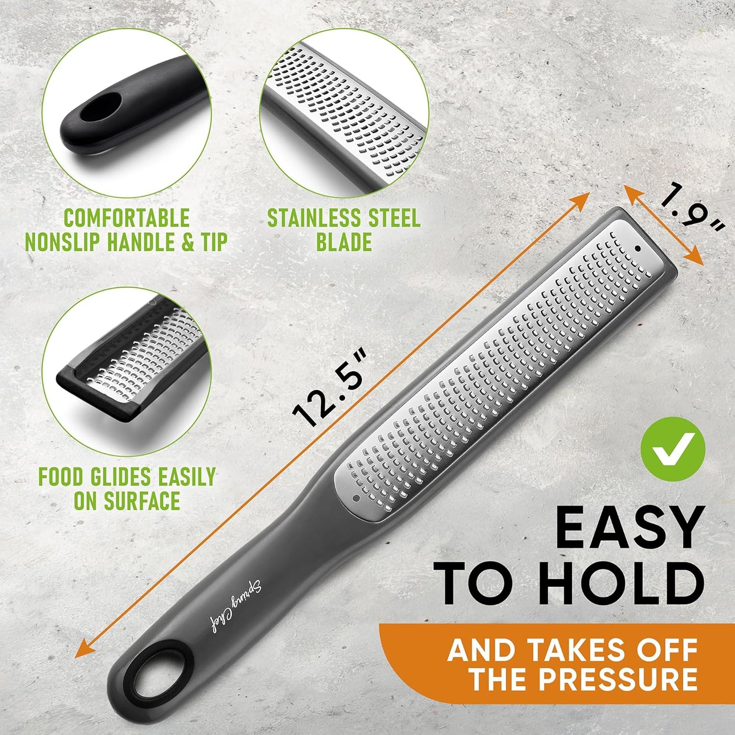 Spring Chef Premium Lemon Zester Grater with Handle - Fruits, Garlic, Chocolate, Nutmeg, Ginger Grater - Heavy Duty Kitchen Tool - Stainless Steel Citrus Zester with Blade Cover - Fine Shred, Black