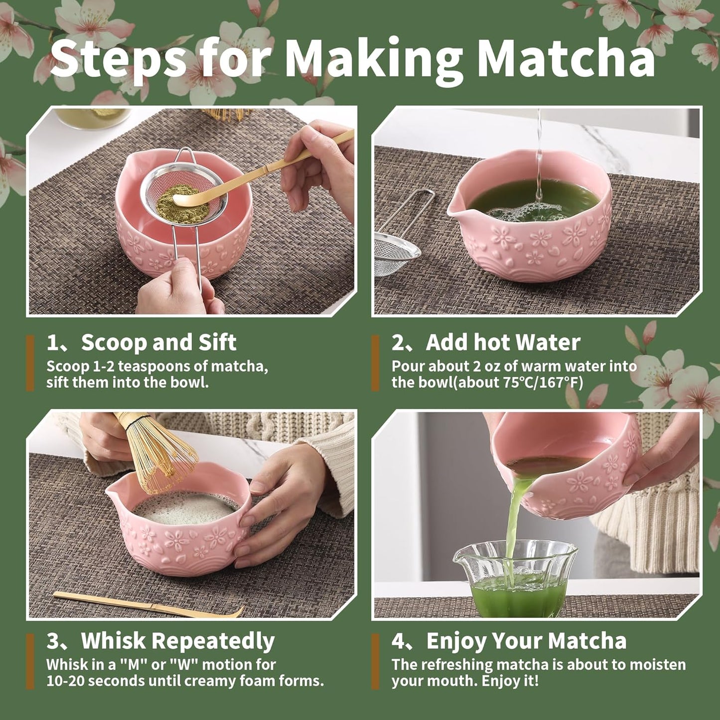 Matcha Whisk Set, 5 Pcs Ceramic Matcha Set, Matcha Kit Set Includes Matcha Bowl, Matcha Whisk and Holder, Bamboo Scoop and Sifter, Matcha Tea Set, Ideal Gift for Family/Friend (Pink)