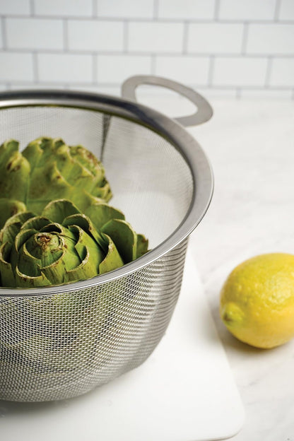 RSVP International Mesh Colander Strainer Basket with Folding Handles, 3 Quarts | For Pasta, Frying, & Salads | Dishwasher Safe | Use in Pressure Cookers | Steaming, Draining & Rinsing