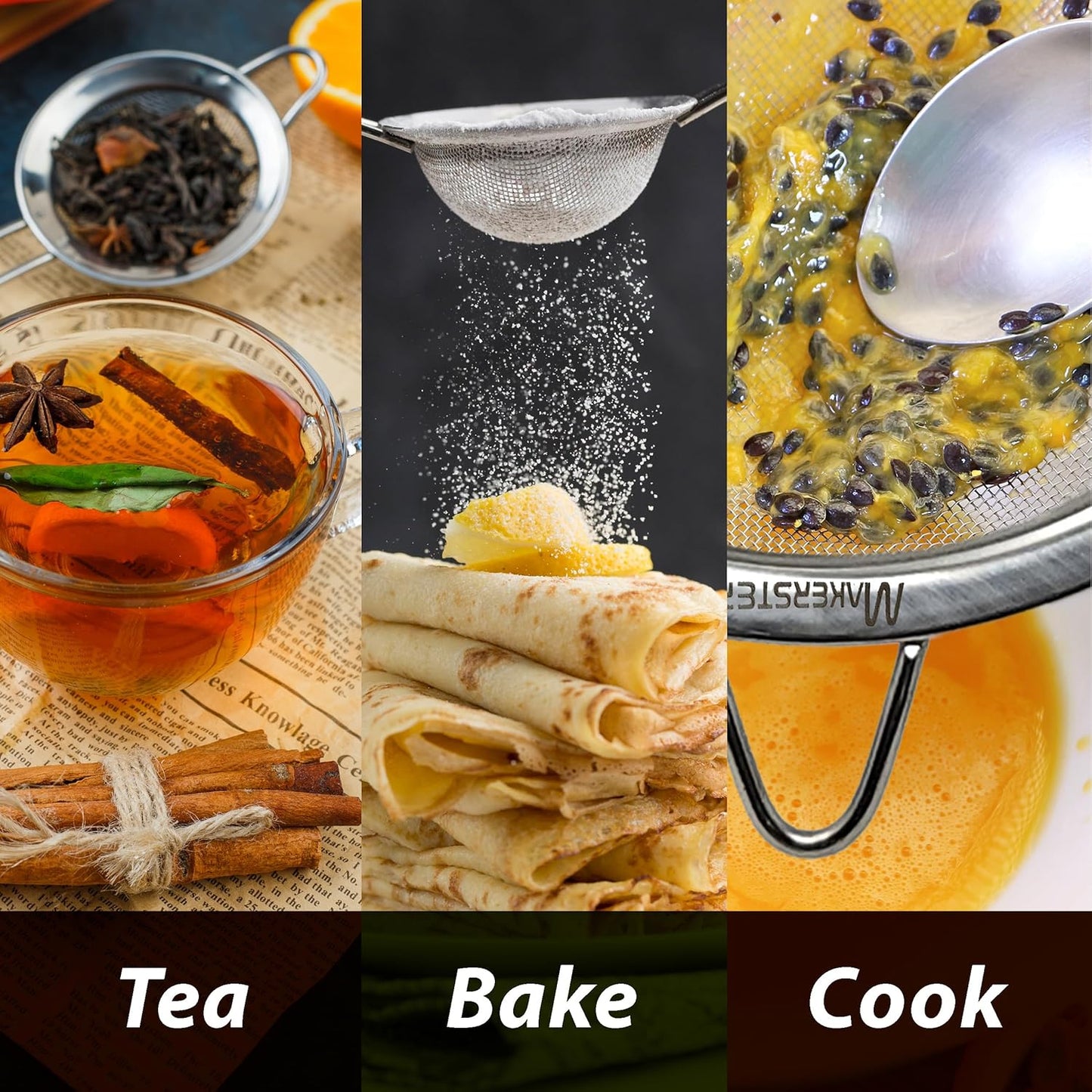 Makerstep 304 Stainless Steel Fine Mesh Strainers for Kitchen. Food Strainer Tea Strainer Coffee Strainer with Long Handle. 3.3 Inch