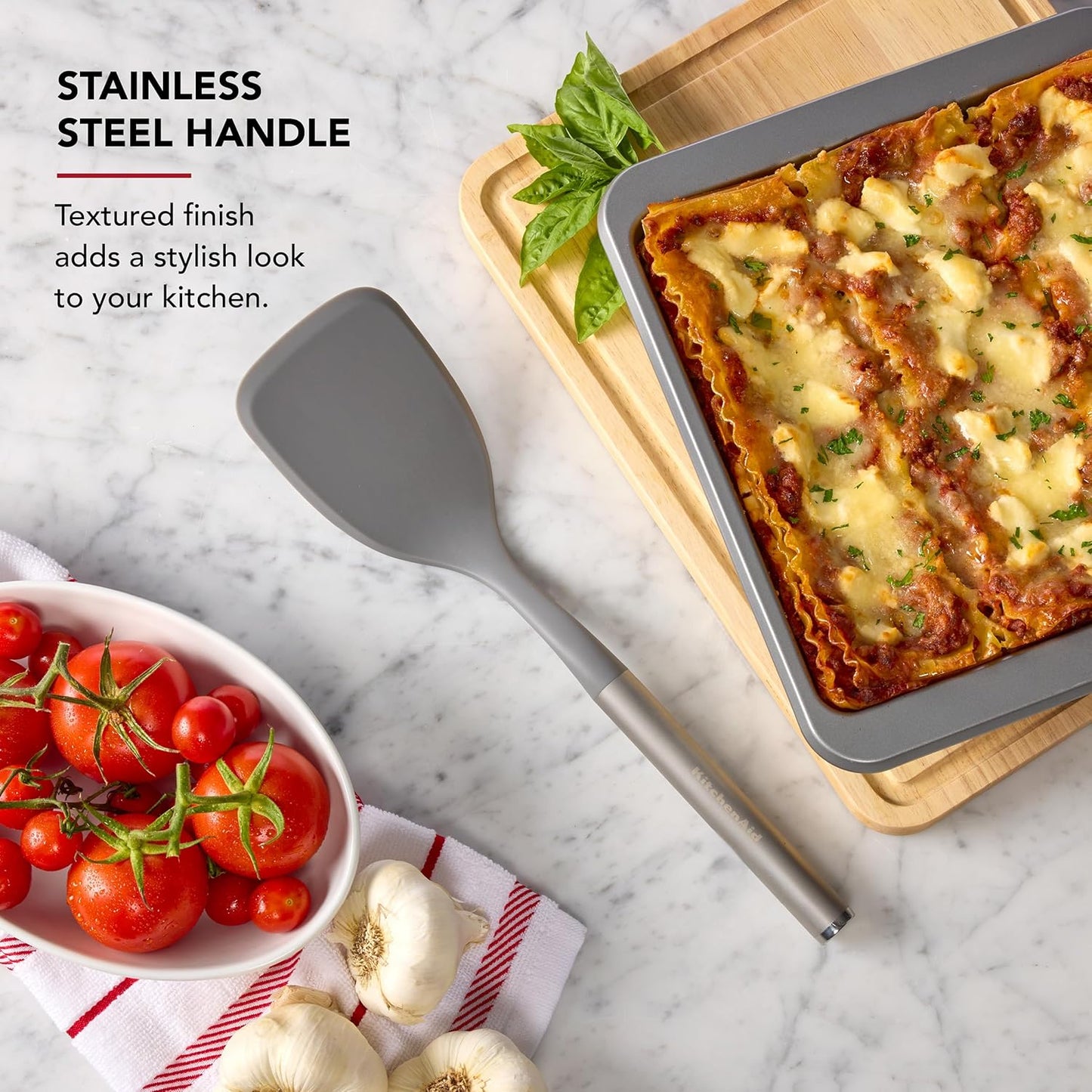 KitchenAid Spoon Spatula with Curved Edges and Stainless Steel Handle, Nonstick Safe, Durable, Dishwasher Safe