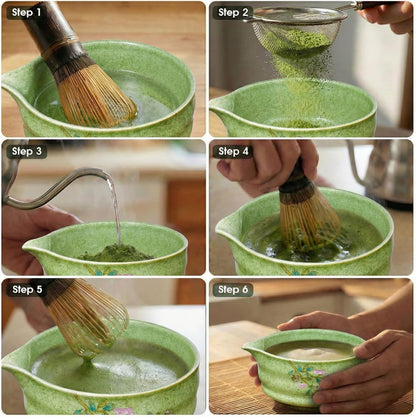 Matcha Whisk Set 7-Piece with Handmade Matcha Bowl & 100-Prong Purple Bamboo Whisk (Chasen), Complete Matcha Kit with Holder, Scoop & Rest, Bamboo Tea Mat, Gift-Ready Matcha Set