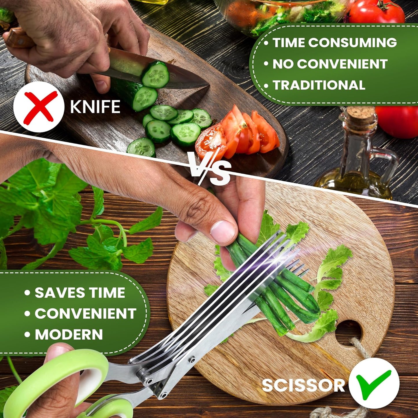 KitchShears Herb Scissors with 5 Blades and Cover - Premium Quality Stainless-Steel Herb Cutter for Kitchen & Garden Herbs - With safety Cover and Cleaning Comb - Dishwasher Safe & Easy to Clean