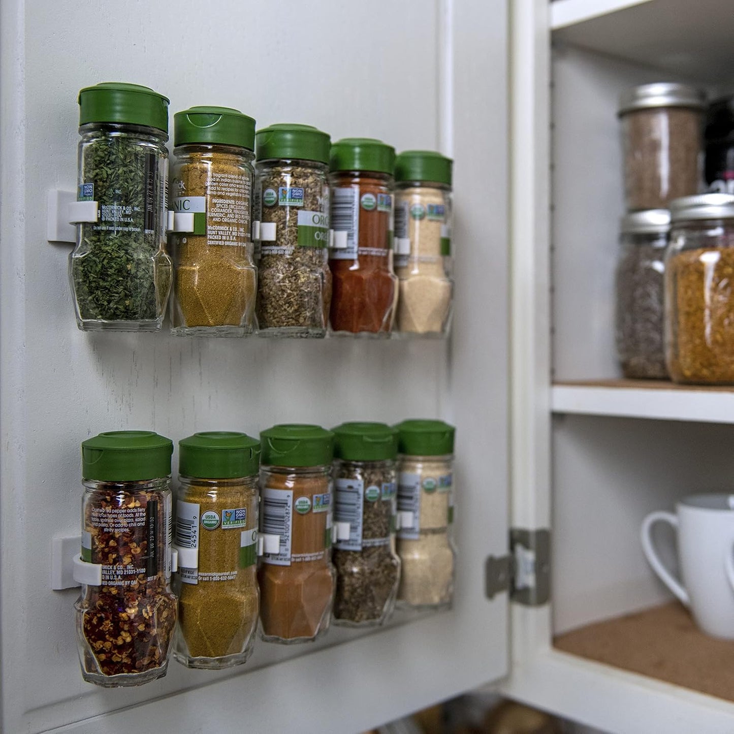 Crazy Chef Spice Clip Grippers For Cabinet Doors - Organizer for Spices - Spice Rack Holds15 Spice Jars - Extemely Strong 3M Adhesive Gripper In White For Pantry 15 Ct