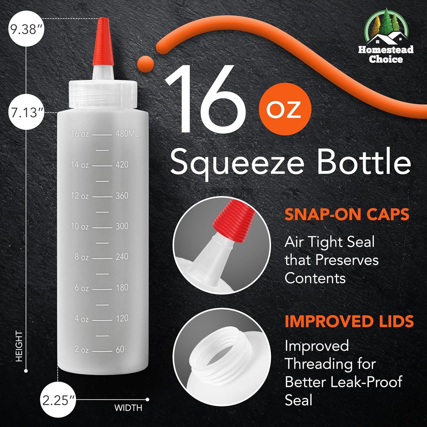 Homestead Choice 2-pack Plastic Squeeze Bottles for Sauces - 16oz Condiment Squeeze Bottles for Liquids - BPA Free Squirt Bottle with Cap - Ketchup, Syrup, Oil, Dressings, Honey & Arts and Crafts