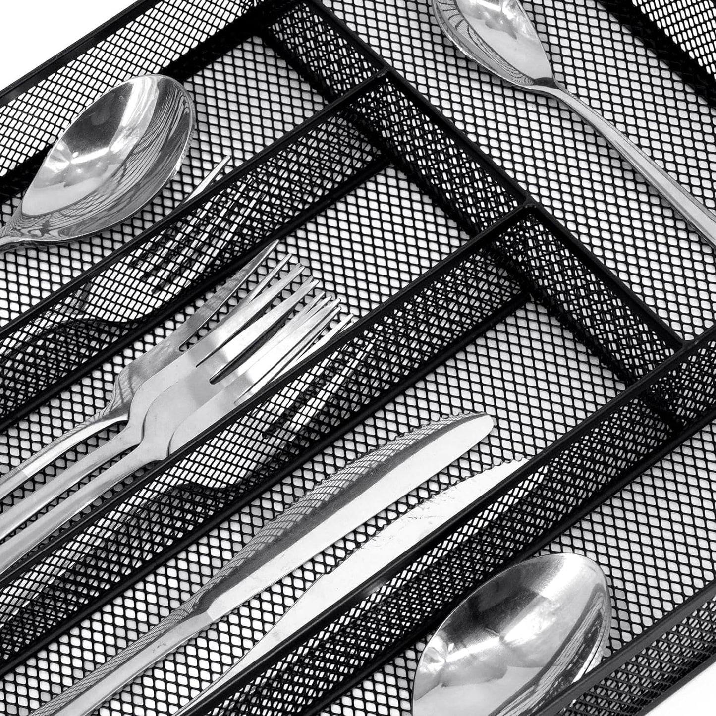 Neudeco Silverware Drawer Organizer - 5 Compartment Cutlery Tray with Non-Slip Feet, Mesh Wire Flatware Storage Divider for Kitchen, Bedroom, Living Room (Silver)