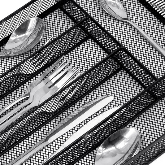 Neudeco Silverware Drawer Organizer - 5 Compartment Cutlery Tray with Non-Slip Feet, Mesh Wire Flatware Storage Divider for Kitchen, Bedroom, Living Room (Silver)
